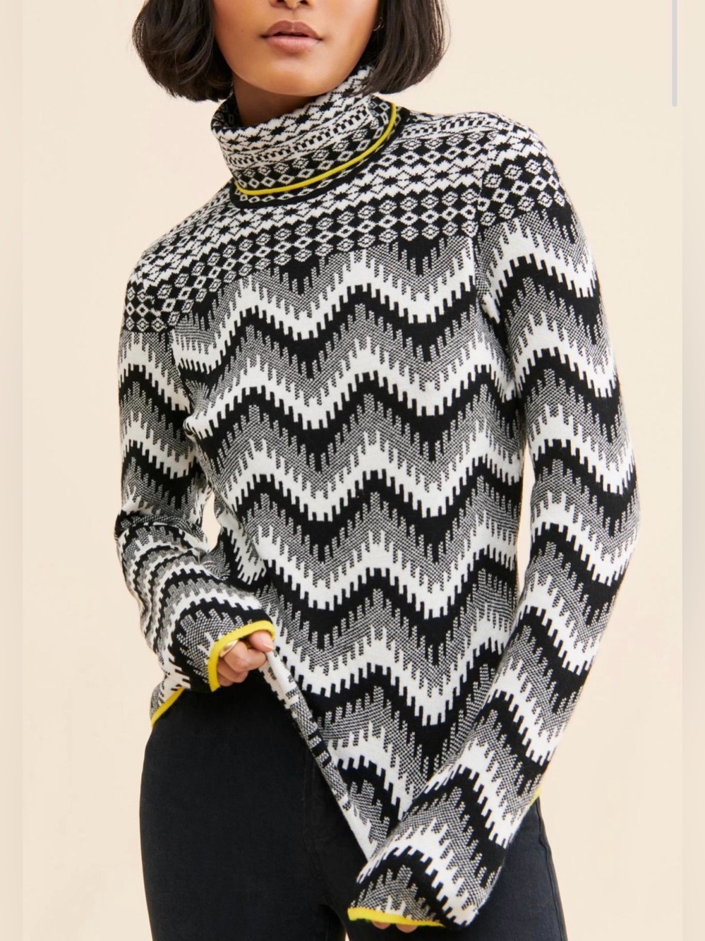 Maeve Anthropologie 1X Chevron Jacquard Mock Neck Sweater Black Ivory